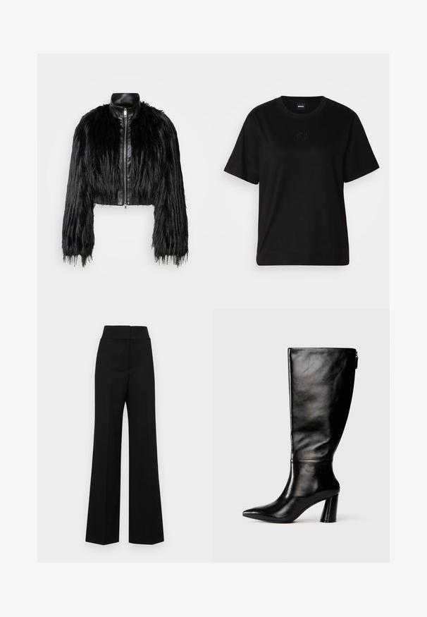 Černá zkrácená bunda kombinující dlouhé rukávy z umělé kožešiny s černým koženým límcem a předním zipem, s texturovaným, chlupatým povrchem.; Černé bavlněné tričko s kulatým výstřihem, krátkými rukávy a vyšitým logem na hrudi. Jednoduchý, volný střih bez vzorů.; Černé široké kalhoty s vysokým pasem, které mají hladkou texturu a žádné viditelné kovové prvky či ozdoby.; Černá kožená vysoká boot do půli lýtek s špičatou špičkou, hladkou texturou a masivním podpatkem. Obsahuje zip na zadní straně.