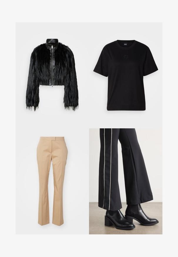 Fekete crop dzseki, amely hosszú műszőrme ujjakkal, fekete bőr gallérral és elöl cipzárral kombinálva, texturált, bolyhos felülettel rendelkezik.; Fekete pamut póló kerek nyakkivágással, rövid ujjakkal és hímzett logóval a mellkasán. Egyszerű, laza szabás, minta nélkül.; Beige, egyenes szárú nadrág, sima anyagból készült, lapos elülső résszel és látható zsebek nélkül.; Fekete bőr bokacsizma, tömbsarkúval, oldalán rugalmasszal ellátott panelek találhatók. Fekete nadrággal párosítva, amelynek fehér oldalsávja van.