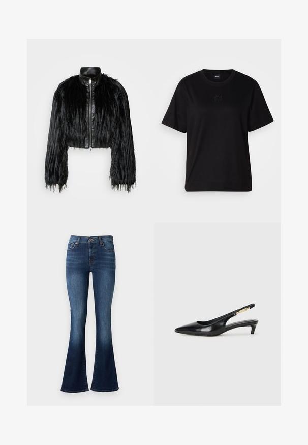 Black cropped jacket combining long faux fur sleeves with a black leather collar and front zipper, featuring a textured, shaggy finish.; Black cotton t-shirt with a crew neckline, short sleeves, and an embroidered logo on the chest. Simple, relaxed fit with no patterns.; Blue flared jeans made of denim. Features a high waist, five pockets, and subtle fading near the hem. Stitching in a contrasting color.; Black leather slingback heels with a pointed toe, featuring a slim heel and a gold-tone accent on the adjustable strap. Smooth texture.