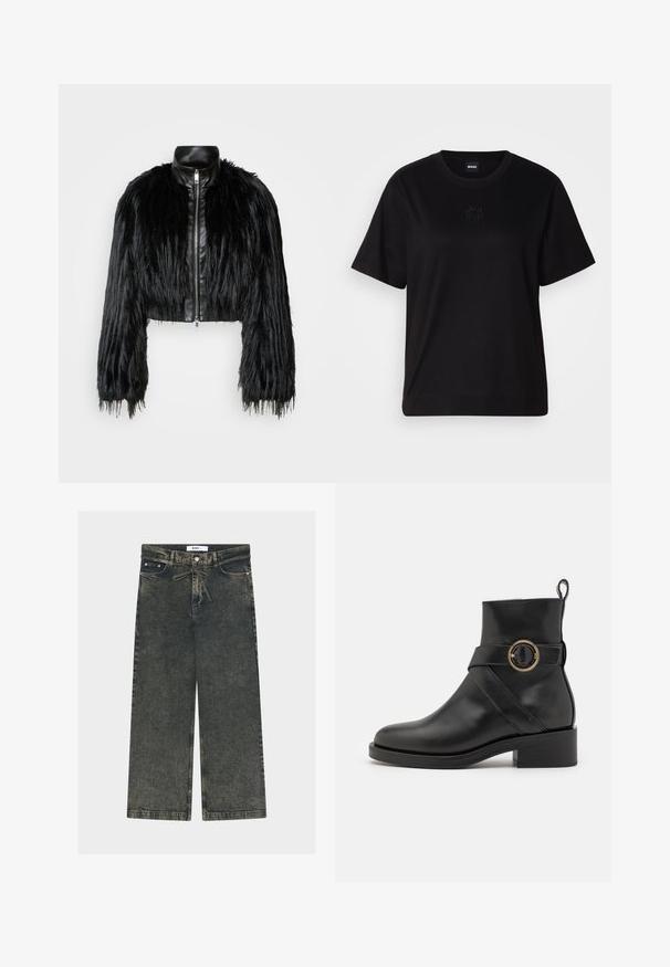 Black cropped jacket combining long faux fur sleeves with a black leather collar and front zipper, featuring a textured, shaggy finish.; Black cotton t-shirt with a crew neckline, short sleeves, and an embroidered logo on the chest. Simple, relaxed fit with no patterns.; Wide-leg jeans in dark grey denim with a textured finish, featuring a button closure, belt loops, and front pockets.; BOSS IRYNA BOOTIE - Platform ankle boots - black