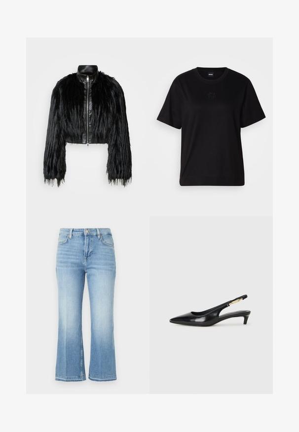 Melnā īsā jaka ar garām mākslīgā kažoka piedurknēm, melnu ādas apkakli un priekšējo rāvējslēdzēju, ar teksturētu, pūkainu apdari.; Melna kokvilnas T-krekls ar apaļu izgriezumu, īsām piedurknēm un izšūtu logotipu uz krūtīm. Vienkāršs, brīvs piegriezums bez rakstiem.; Gaiši zili džinsi ar augstu jostasvietu, plašu izplestu kāju griezumu, izbalējušu dizainu un izšuvumiem uz kabatām un apakšmalām.; Melnas ādas slingback zābaki ar smailu purngalu, ar šauru papēdi un zelta krāsas akcentu uz regulējama siksniņas. Gluda tekstūra.