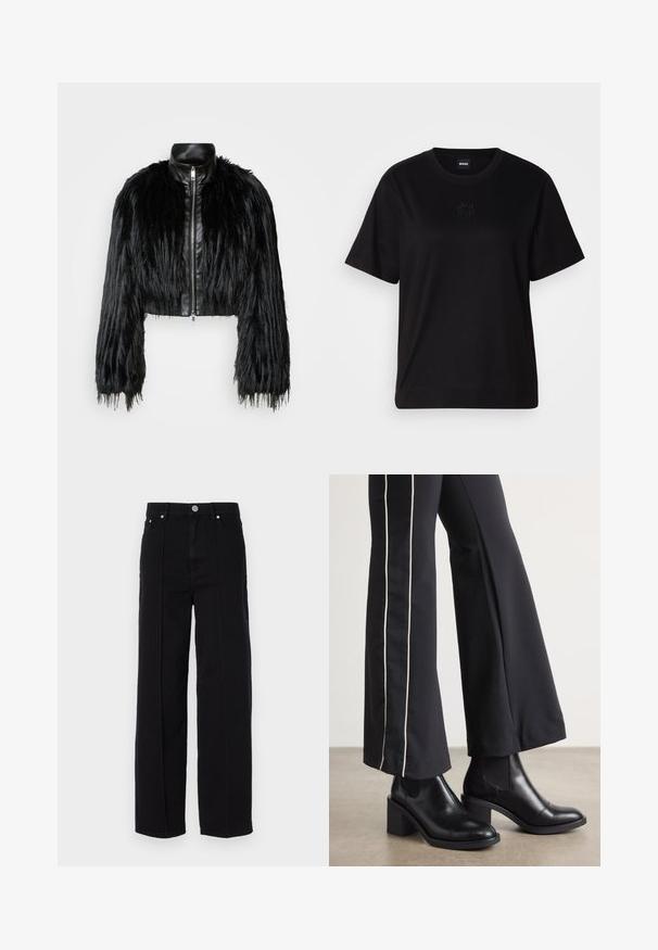 Schwarze, kurz geschnittene Jacke mit langen, gefälschten Pelzärmeln, einem schwarzen Lederkragen und einem Reißverschluss vorne, die eine strukturierte, fusselige Oberfläche hat.; Schwarzes Baumwoll-T-Shirt mit Rundhalsausschnitt, kurzen Ärmeln und aufgesticktem Logo auf der Brust. Einfacher, lässiger Schnitt ohne Muster.; Schwarze Denim-Hosen mit weitem Bein und hoher Taille, ausgestattet mit fünf Taschen, Metallknopfverschluss und geradem Nahtdetail an den Seiten.; Schwarze Lederstiefeletten mit einem Blockabsatz, ausgestattet mit elastischen seitlichen Einsätzen. Kombiniert mit schwarzen Hosen, die einen weißen Seitenstreifen haben.