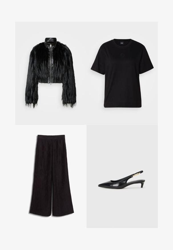 Jacket cropped preta que combina mangas longas de pelo sintético com um colarinho de pele sintética preto e fecho de correr frontal, apresentando um acabamento texturizado e desgrenhado.; T-shirt de algodão preto com decote redondo, mangas curtas e um logótipo bordado no peito. Corte simples e descontraído, sem padrões.; Calças largas pretas feitas de um tecido texturizado com pregas verticais. Apresenta uma cintura alta e um corte fluido e solto.; Saltos slingback em couro preto com bico fino, apresentando um salto esguio e um detalhe em tom dourado na alça ajustável. Textura suave.