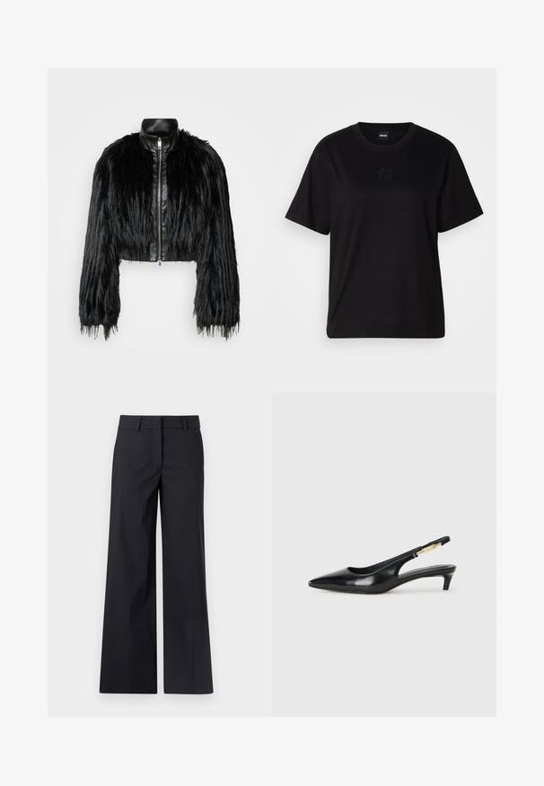 Must ikka, millel on pikad kunstkarvast varrukad, musta nahkdetailiga kaeluse ja ees oleva tõmblukuga, koos struktuurse, karvase viimistlusega.; Mustmust särk, millel on ümar kaelus, lühikesed varrukad ja tindiga tikitud logo rinnal. Lihtne, mugav lõige ilma mustriteta.; Musthave muströökige mustad laiad püksid, mis on valmistatud puuvilla ja sünteetiliste kiudude segust. Omab sirget esiosa, vöökohale auke ja küljetaskuid. Sujuv tekstuur, kohandatud disain.; Mustad nahast slingback kontsad terava ninaga, millel on õhuke konts ja kuldse tooni aktsent reguleeritaval rihmal. Sile tekstuur.