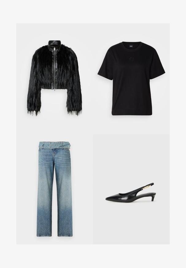 Jacket cropped preta que combina mangas longas de pelo sintético com um colarinho de pele sintética preto e fecho de correr frontal, apresentando um acabamento texturizado e desgrenhado.; T-shirt de algodão preto com decote redondo, mangas curtas e um logótipo bordado no peito. Corte simples e descontraído, sem padrões.; Jeans de denim azul claro com um design de perna larga, apresentando uma cintura com cinto combinado e um desbotamento gradual de escuro para claro.; Saltos slingback em couro preto com bico fino, apresentando um salto esguio e um detalhe em tom dourado na alça ajustável. Textura suave.