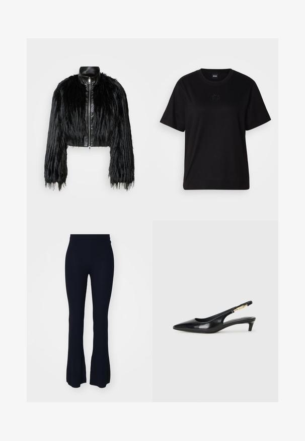 Black cropped jacket combining long faux fur sleeves with a black leather collar and front zipper, featuring a textured, shaggy finish.; Black cotton t-shirt with a crew neckline, short sleeves, and an embroidered logo on the chest. Simple, relaxed fit with no patterns.; Navy ribbed flared pants with a fitted waistband. Made from a soft, textured material, featuring a wide flared bottom for a relaxed fit.; Black leather slingback heels with a pointed toe, featuring a slim heel and a gold-tone accent on the adjustable strap. Smooth texture.