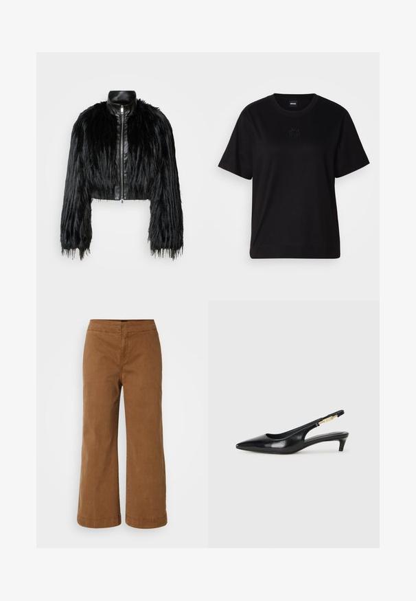 Juodas trumpas švarkas, derinantis ilgas dirbtinio kailio rankoves su juodu odiniu apykakle ir priekiniais užtrauktukais, turintis tekstūruotą, purų paviršių.; Juodas medvilninis marškinėliai su apvalia iškirpte, trumpomis rankovėmis ir siuvinėjimu ant krūtinės. Paprastas, laisvas siluetas be raštų.; Rudos plačiakojai kelnės, pagamintos iš minkštos medžiagos su lygiu paviršiumi, turinčios aukštą liemenį ir siuvinėtus akcentus.; Juodas odinis pavasario batelių modelis su smailiu nosiu, turintis siaurą kulniuką ir auksinės spalvos akcentu reguliuojamoje juostoje. Lygi tekstūra.