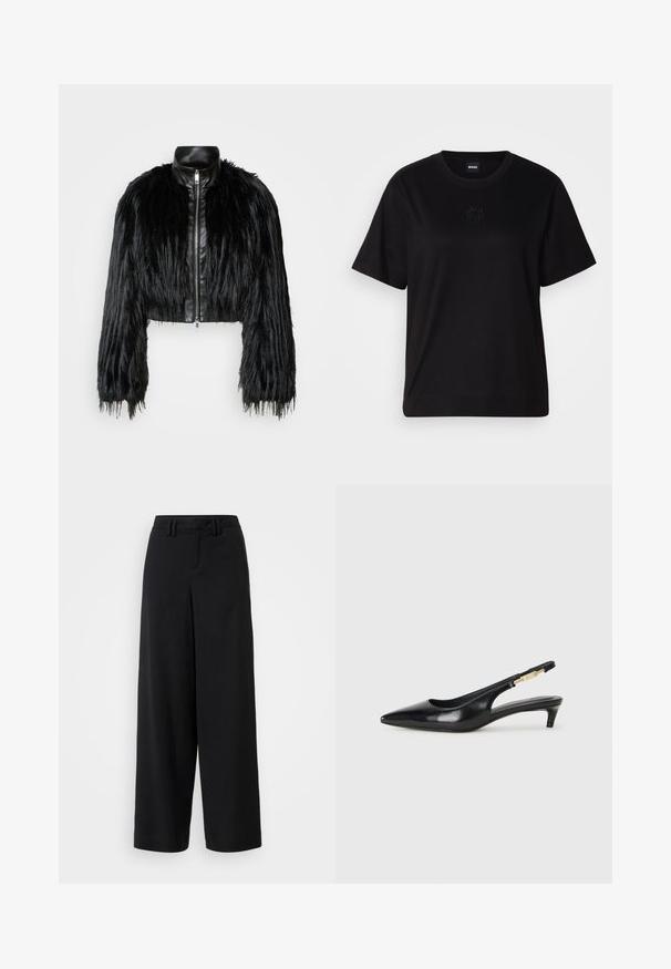 Veste noire courte associant de longues manches en fausse fourrure à un col en cuir noir et une fermeture éclair à l'avant, dotée d'une finition texturée et shaggy.; T-shirt en coton noir avec un col rond, des manches courtes et un logo brodé sur la poitrine. Coupe simple et décontractée sans motifs.; Pantalons large en noir en tissu lisse, avec une taille plate, des détails plissés et des passants de ceinture à la taille.; Talons hauts en cuir noir avec un bout pointu, dotés d'un talon fin et d'un accent en ton or sur la lanière réglable. Texture lisse.