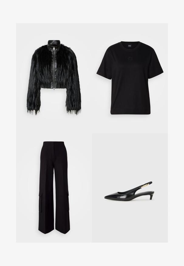 Čierna skrátená bunda kombinujúca dlhé rukávy z umelého kožušiny s čiernym koženým golierom a predným zipsom, so štruktúrovaným, strapcovitým povrchom.; Čierne bavlnené tričko s okrúhlym výstrihom, krátkymi rukávmi a vyšívaným logom na hrudi. Jednoduchý, voľný strih bez vzorov.; HUGO HIMANA - Kapsáče - black; Čierne kožené slingback opätky s špicatou špičkou, s úzkym opätkom a zlatým detailom na nastaviteľnom remienku. Hladká textúra.