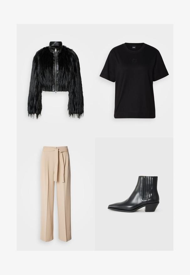 Melnā īsā jaka ar garām mākslīgā kažoka piedurknēm, melnu ādas apkakli un priekšējo rāvējslēdzēju, ar teksturētu, pūkainu apdari.; Melna kokvilnas T-krekls ar apaļu izgriezumu, īsām piedurknēm un izšūtu logotipu uz krūtīm. Vienkāršs, brīvs piegriezums bez rakstiem.; Beige augstās jostasvietas bikses ar sasienamu jostu, plats kāju dizains, gluda auduma un mīksta tekstūra. Priekšpusē ir piegriezumi.; Melnas ādas potītes zābaki ar izsistu purngali, elastīgām sānu paneļiem ar vertikālām grodām un zemu bloku papēdi. Gluda tekstūra un elegants dizains.