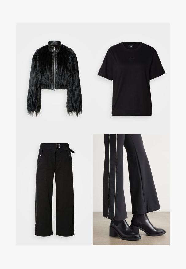 Must ikka, millel on pikad kunstkarvast varrukad, musta nahkdetailiga kaeluse ja ees oleva tõmblukuga, koos struktuurse, karvase viimistlusega.; Mustmust särk, millel on ümar kaelus, lühikesed varrukad ja tindiga tikitud logo rinnal. Lihtne, mugav lõige ilma mustriteta.; Mustad mustad jalad, vöö, mitme tasku ja nurksõmblustega. Valmistatud vastupidavast kangast, millel on sile tekstuur.; Mustad nahast pahklu_bootid, millel on ploki konts ja elastsed külgpaneelid. Kombineeritud mustade pükstega, millel on valge küljeriba.