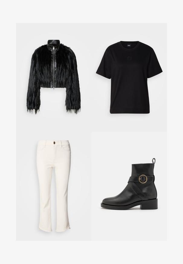 Jacket cropped preta que combina mangas longas de pelo sintético com um colarinho de pele sintética preto e fecho de correr frontal, apresentando um acabamento texturizado e desgrenhado.; T-shirt de algodão preto com decote redondo, mangas curtas e um logótipo bordado no peito. Corte simples e descontraído, sem padrões.; Jean cropped brancos com fundo à boca de sino. Apresenta um fecho de botão, bolsos frontais e detalhe de barra ligeiramente desfiada. Tecido de denim.; BOSS IRYNA BOOTIE - Botas de tornozelo com plataforma - black