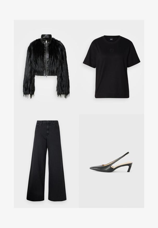 Crna skraćena jakna koja kombinira dugačke rukave od umjetnog krzna s crnim kožnim ovratnikom i prednjim zatvaračem, s teksturiranim, šaggy završetkom.; Crna pamučna majica s okruglim izrezom, kratkim rukavima i izvezenim logotipom na prsima. Jednostavan, opušten kroj bez uzorka.; Crne široke traperice visokog struka s prednjim kopčanjem na dugme, prikazane na jednostavnoj pozadini.; Crne cipele s izduženim vrhom i remenom oko pete, s niskom petom, izrađene od glatke kože i s izrezbarenom stranom radi prozračnosti.