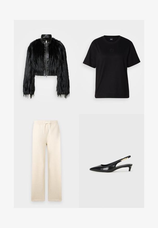 Svart kort jacka som kombinerar långa sockerfuskärmar med en svart läderkrage och dragkedja fram, med en texturerad, shaggy finish.; Svart bomullströja med rund halsringning, korta ärmar och en broderad logotyp på bröstet. Enkel, avslappnad passform utan mönster.; Krämfärgade mjukisbyxor gjorda av mjukt tyg, med resårmidja och snörning, vida ben och utan synliga mönster.; Svart läder slingback-hälar med spetsig tå, med en smal klack och en guldtonad detalj på den justerbara remmen. Slät textur.