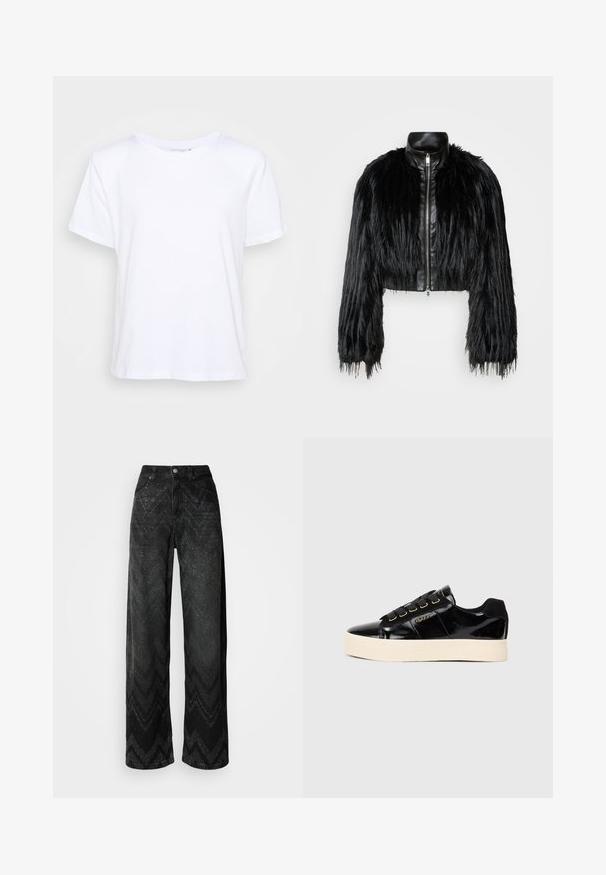 Sort cropped jakke med lange faux fur ærmer, en sort læderkrave og lynlås foran, med en tekstureret, shaggy finish.; Hvid bomulds T-shirt med rund halsudskæring, korte ærmer og afslappet pasform, der har en glat tekstur og et minimalistisk design.; Bredde ben sorte jeans med et zigzag tekstur mønster. Lavet af denim, med knaplukning og to forlommer.; Sorte patentlæder sneakers med flad cremefarvet sål. Har sorte snørebånd, gyldne øjeholdere og logo detalje på siden. Rundt tådesign.