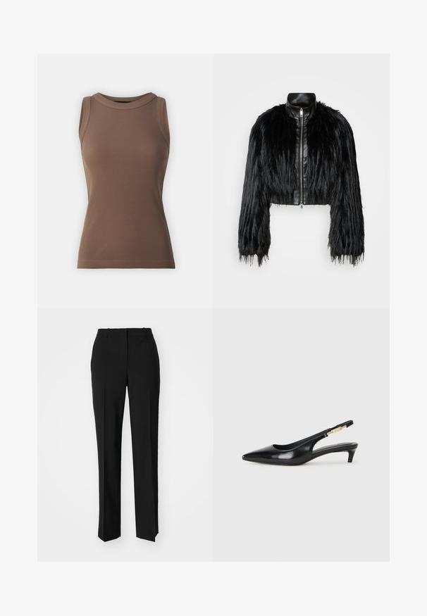 Črn skrajšan jopič, ki združuje dolge rokave iz umetnega krzna s črnim usnjenim ovratnikom in sprednjim zadrgo, z dokaj teksturiranim, kosmatim zaključkom.; DRYKORN OLINA - Top - brown; Črne krojene hlače s direktnim krojem, ki se ponašajo z gladko teksturo in ostrimi pregibi spredaj. Ni vidne kovine.; Črne usnjene sandale na peto z ostro konico, ki imajo tanko peto in zlat ton na nastavljivem traku. Gladka tekstura.