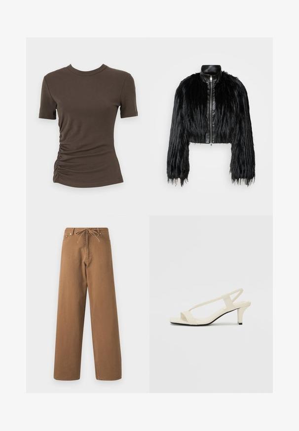 Schwarze, kurz geschnittene Jacke mit langen, gefälschten Pelzärmeln, einem schwarzen Lederkragen und einem Reißverschluss vorne, die eine strukturierte, fusselige Oberfläche hat.; Braunes, tailliertes T-Shirt aus weicher Baumwolle, mit kurzen Ärmeln und gerafften Seiten für eine texturierte Optik. Rundhalsausschnitt.; Braune weit geschnittene Hosen aus Baumwolle, mit einem Kordelzugbund und zwei Fronttaschen. Strukturiertes Gewebe mit glatter Oberfläche.; Beige Blockabsatzsandalen mit dünnen Riemen und quadrater Spitze. Glattes Material mit minimalem Design, entworfen für einfaches Tragen.