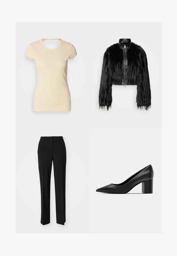 Melnā īsā jaka ar garām mākslīgā kažoka piedurknēm, melnu ādas apkakli un priekšējo rāvējslēdzēju, ar teksturētu, pūkainu apdari.; Gai bēšs ribots T-krekls ar īsām piedurknēm, aprīkots ar apaļu kaklu un mazu izspiestu logotipu uz krūtīm. Mīksta auduma tekstūra.; Melnas pielāgotas bikses ar taisnu kāju dizainu, kas raksturojas ar gludu faktūru un asiem krokām pa priekšu. Nav redzamu metāla detaļu.; Melnas ādas kurpes ar smailu purngalu un masīvu kvadrātveida papēdi. Gluda tekstūra, vienkāršs dizains, piemērots oficiālām vidēm.