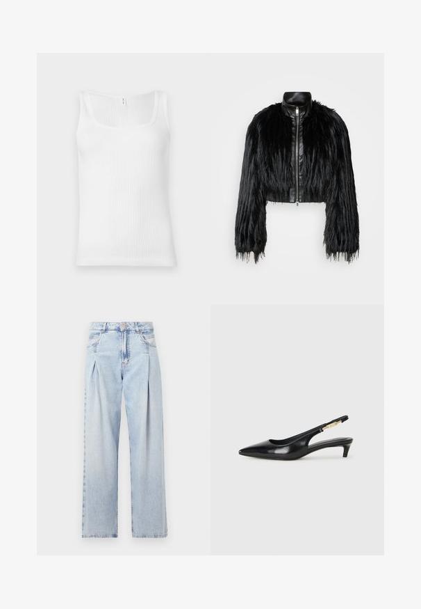 Black cropped jacket combining long faux fur sleeves with a black leather collar and front zipper, featuring a textured, shaggy finish.; White ribbed tank top featuring a rectangular neckline and wide shoulder straps. The fabric has a textured, stretchy appearance.; Light blue denim jeans with a high waist, wide-leg cut, two side pockets, and pleated design feature. Soft texture with a faded finish.; Black leather slingback heels with a pointed toe, featuring a slim heel and a gold-tone accent on the adjustable strap. Smooth texture.