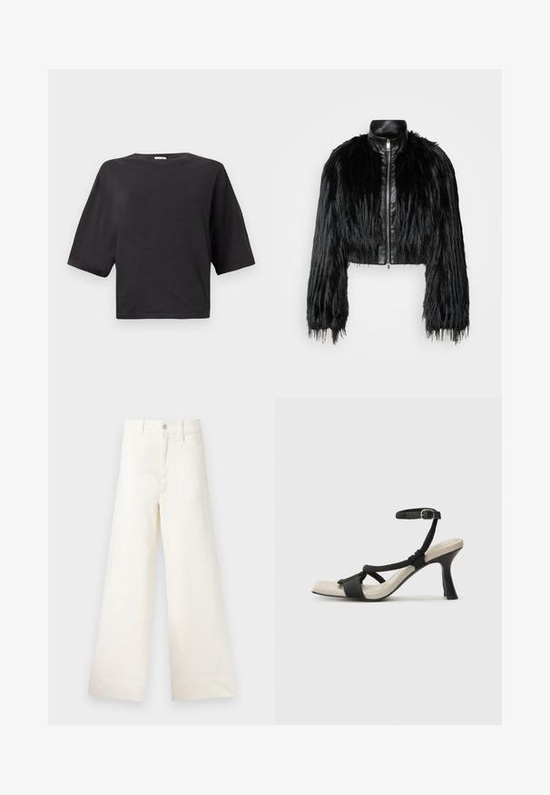 Giacca nera corta che combina maniche lunghe in pelliccia sintetica con un colletto in pelle nera e zip frontale, caratterizzata da una finitura testurizzata e shaggy.; T-shirt nera corta in cotone, con scollatura rotonda e maniche corte, dal taglio morbido. Tessuto liscio, senza fantasie o dettagli decorativi.; Pantaloni a gamba larga in cotone beige chiaro. Caratterizzati da vita alta, tasche anteriori e un taglio dritto. Orlo pulito senza motivi.; Sandal con tacco nero e design con cinturino intrecciato, punta quadrata e cinturino alla caviglia regolabile. Soletta beige chiaro con tacco nero lucido.