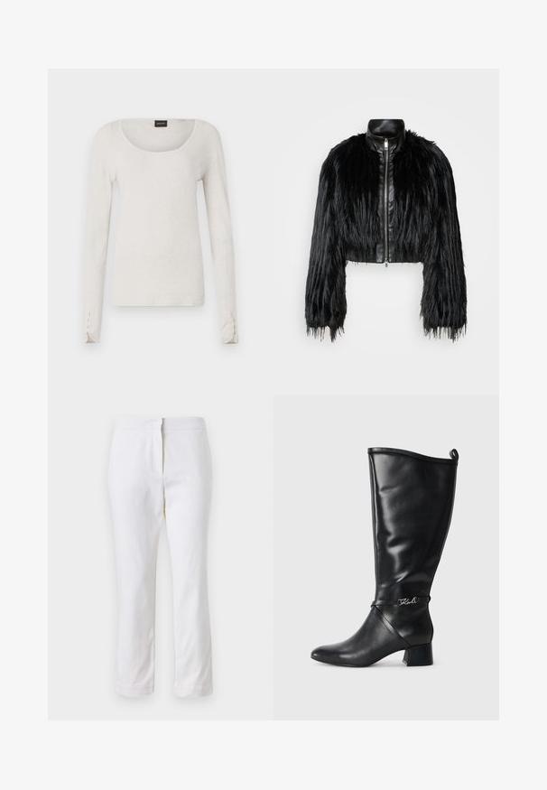 Mustan lyhyen takin yhdistelmä, jossa on pitkät tekoturkishihat, musta nahkakaulus ja etuvetoketju. Takissa on teksturoitu, karhea pinta.; Vaaleanharmaa pitkähihaisen t-paita pehmeästä puuvillasta, jossa on avara pääntie ja napit hihansuissa. Yksinkertainen ja minimalistinen muotoilu.; Valkoiset puuvillahousut suoralla lahkeella, joissa on keskikorkea vyötärö ja ei näkyviä varusteita tai kuvioita. Ehjä pinta kauttaaltaan.; Musta nahkainen polvipitkä saapas, jossa on terävä kärki, paksu korko ja koristeellinen nauha hopeisella logolla nilkan lähellä. Suloinen pinta.