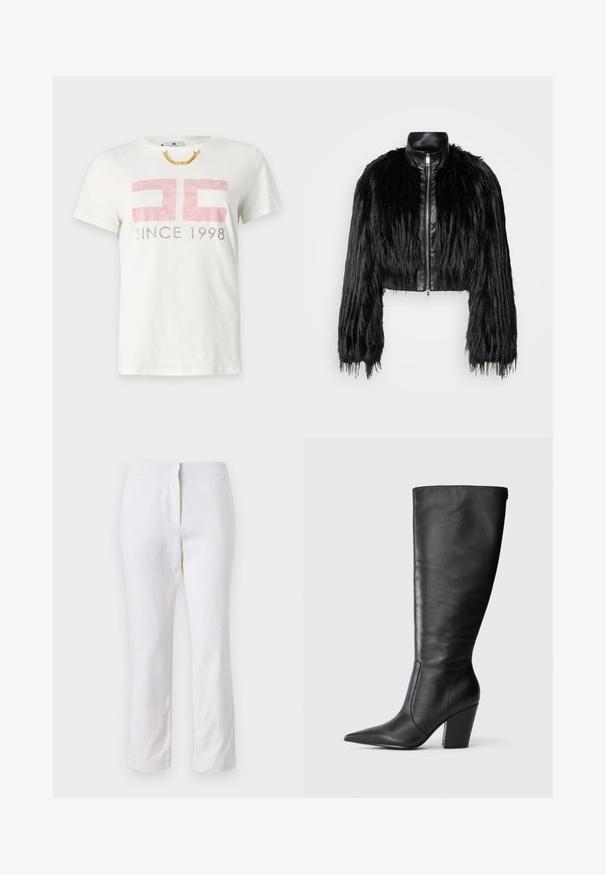 Jacket cropped preta que combina mangas longas de pelo sintético com um colarinho de pele sintética preto e fecho de correr frontal, apresentando um acabamento texturizado e desgrenhado.; T-shirt de algodão branca com mangas curtas, apresentando um gráfico vermelho e cinza com "CC" e o texto "DESDE 1998". Decote simples e redondo, textura suave.; Calças de algodão brancas com um design de perna reta, apresentando uma cintura de altura média e sem hardware ou padrões visíveis. Textura suave por toda a peça.; Bota de couro preta até ao joelho com bico apontado e salto alto robusto, apresentada em perfil lateral esquerdo sobre fundo branco.