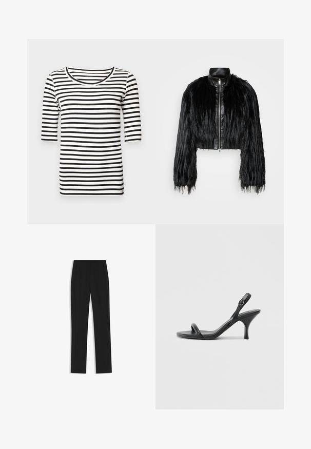 Black cropped jacket combining long faux fur sleeves with a black leather collar and front zipper, featuring a textured, shaggy finish.; Black and white striped T-shirt with a round neckline and three-quarter length sleeves. Smooth cotton fabric with a fitted design.; Black tailored trousers with a straight-leg design, featuring front pockets and a smooth, textured fabric. Neat, minimal detailing.; Black leather high-heeled sandals with a slim, curved heel and a crossed strap design. Adjustable ankle strap. Smooth texture.