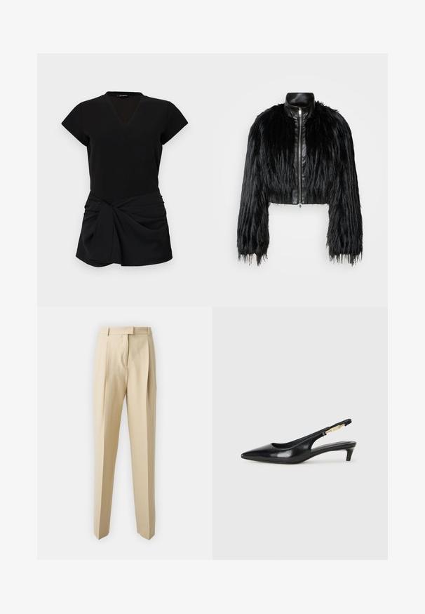 Čierna skrátená bunda kombinujúca dlhé rukávy z umelého kožušiny s čiernym koženým golierom a predným zipsom, so štruktúrovaným, strapcovitým povrchom.; Čierne šaty s výstrihom do V, krátkymi rukávmi a zhrnutým predným dielom s uzlovým akcentom. Hladká tkanina s priliehavým strihom.; Béžové nohavice na mieru so priamym strihom, s plisovaním, pásom a hladkou textúrou. Žiadne viditeľné vrecká ani ozdoby.; Čierne kožené slingback opätky s špicatou špičkou, s úzkym opätkom a zlatým detailom na nastaviteľnom remienku. Hladká textúra.