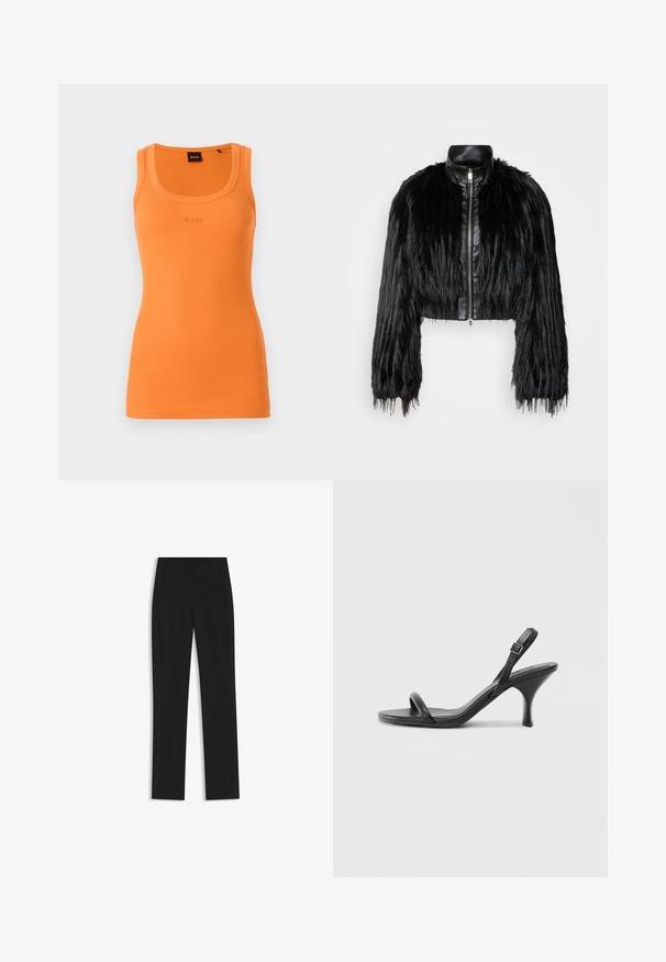 Schwarze, kurz geschnittene Jacke mit langen, gefälschten Pelzärmeln, einem schwarzen Lederkragen und einem Reißverschluss vorne, die eine strukturierte, fusselige Oberfläche hat.; Orange gestreifter Tanktop mit rundem Ausschnitt und aufgesticktem BOSS-Logo in der Mitte. Enganliegende Silhouette, leichtes Material und ärmelloses Design.; Schwarze maßgeschneiderte Hose mit geradem Bein, ausgestattet mit Fronttaschen und einem glatten, strukturierten Stoff. Saubere, minimale Details.; Schwarze Leder-Sandalen mit hohen Absätzen, schlankem, gebogenem Absatz und gekreuztem Riemendesign. Verstellbarer Knöchelriemen. Glatte Textur.