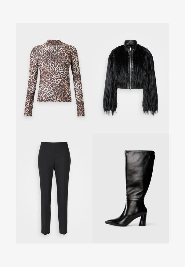 Čierna skrátená bunda kombinujúca dlhé rukávy z umelého kožušiny s čiernym koženým golierom a predným zipsom, so štruktúrovaným, strapcovitým povrchom.; Dlhý rukáv, vysoký golier, dámske tričko s hnedo-čiernou leopardou potlačou a jemnými skladmi v oblasti hrudníka.; Čierne nohavice na mieru s hladkou textúrou, úzkym strihom a plochým pásom. Žiadne viditeľné kovové súčiastky; švy vytvárajú elegantný siluetu.; Čierna kožená čižma po kolená s špicatou špičkou, hladkou textúrou a masívnym opätkom. Obsahuje detail zipsu na zadnej strane.