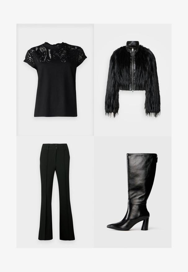 Čierna skrátená bunda kombinujúca dlhé rukávy z umelého kožušiny s čiernym koženým golierom a predným zipsom, so štruktúrovaným, strapcovitým povrchom.; AllSaints ANNA SNAKE TEE - Tričko s potlačou - black; Čierne zvonové nohavice z hladkej látky s vysokým pásom so zapínaním na dva gombíky a prednými záhybmi, poskytujúce upravený vzhľad.; Čierna kožená čižma po kolená s špicatou špičkou, hladkou textúrou a masívnym opätkom. Obsahuje detail zipsu na zadnej strane.