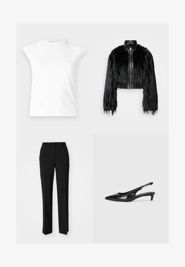 Čierna skrátená bunda kombinujúca dlhé rukávy z umelého kožušiny s čiernym koženým golierom a predným zipsom, so štruktúrovaným, strapcovitým povrchom.; Biely top bez rukávov s vysokým výstrihom a vystuženými ramenami, ktorý má hladkú textúru a minimalistický dizajn. Žiadne viditeľné zapínanie.; Čierne krajčírské nohavice so strihom rovného nohu, s hladkou textúrou a ostrými skladmi pozdĺž prednej časti. Žiadne viditeľné hardvér.; Čierne kožené slingback opätky s špicatou špičkou, s úzkym opätkom a zlatým detailom na nastaviteľnom remienku. Hladká textúra.