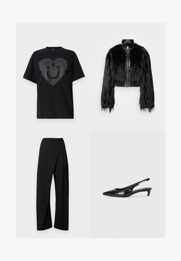 Fekete crop dzseki, amely hosszú műszőrme ujjakkal, fekete bőr gallérral és elöl cipzárral kombinálva, texturált, bolyhos felülettel rendelkezik.; Fekete póló, laza szabású, elől egy nagy szívgrafikával, rajta a "HGO" felirattal és egy mosolygós arccal, fényes kivitelben.; Fekete, bőszárú nadrág, elöl tört panellel és gombos zárással a deréknál, fehér háttér előtt bemutatva.; Fekete bőr slingback magassarkúk, hegyes orral, vékony sarkakkal és arany színű részlettel a állítható pánton. Simа felület.
