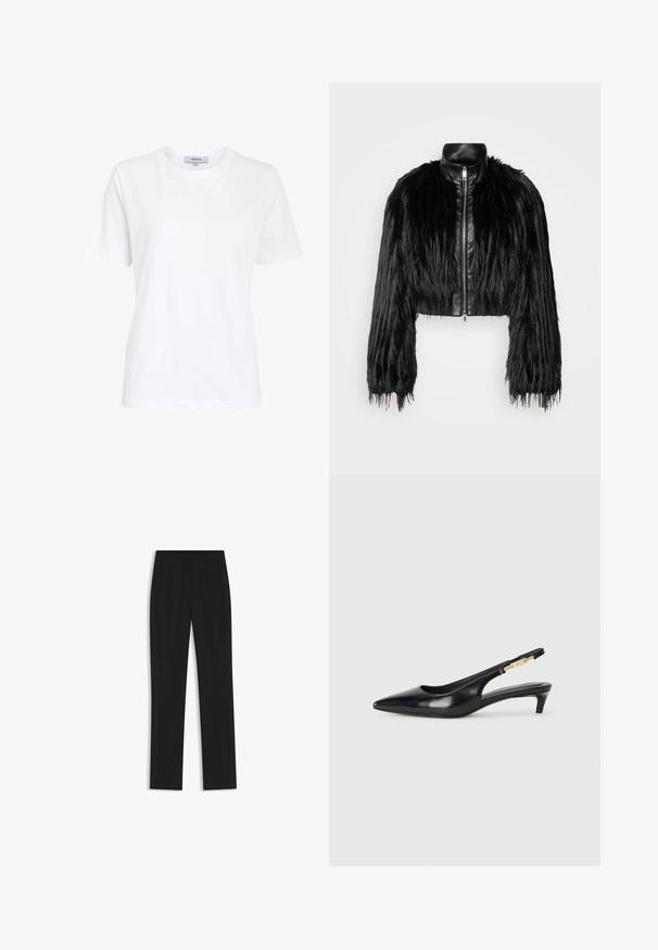 Mustan lyhyen takin yhdistelmä, jossa on pitkät tekoturkishihat, musta nahkakaulus ja etuvetoketju. Takissa on teksturoitu, karhea pinta.; Valkoinen puuvillatee paita, jossa on pyöreä kaula-aukko, lyhyet hihat ja rento istuvuus, yksinkertainen muotoilu ilman näkyviä kuvioita tai koristeita.; Mustat räätälöidyt housut suoran lahkeen designilla, joissa on etutaskut ja sileä, teksturoitu kangas. Siistit, minimalistiset yksityiskohdat.; Mustat nahkaiset slingback-korkokengät, joissa on terävä kärki, ohuet korot ja kultasävytteinen yksityiskohta säädettävässä hihnassa. Silkkinen pinta.