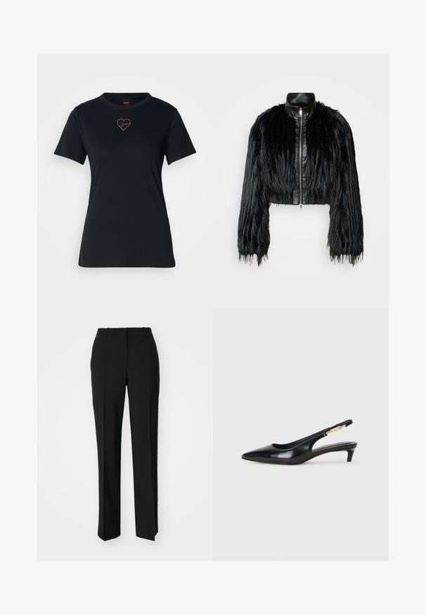 Crna skraćena jakna koja kombinira dugačke rukave od umjetnog krzna s crnim kožnim ovratnikom i prednjim zatvaračem, s teksturiranim, šaggy završetkom.; Crni pamučni majica s okruglim izrezom, kratkim rukavima i logoom u obliku srca izvezenim u ružičastom zlatnom tonu na prsima.; Crne krojene hlače ravnog kroja, s glatkom teksturom i oštrim pregibima naprijed. Bez vidljivih metalnih dijelova.; Crne kožne sandale s petom, s izduženim vrhom, imaju usku petu i zlatni akcent na podesivoj traci. Glatka tekstura.