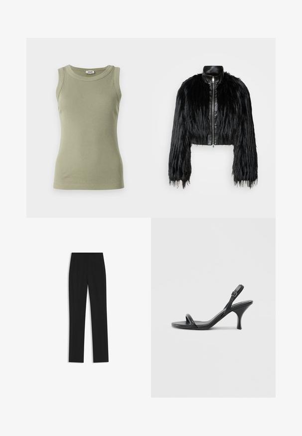 Mustan lyhyen takin yhdistelmä, jossa on pitkät tekoturkishihat, musta nahkakaulus ja etuvetoketju. Takissa on teksturoitu, karhea pinta.; Vihreä oliivi, sans hihnoja ribattu toppi, jossa on pyöreä kaula-aukko. Valmistettu sileästä kankaasta, jossa on istuva siluetti ja näkyviä ompelutietoja.; Mustat räätälöidyt housut suoran lahkeen designilla, joissa on etutaskut ja sileä, teksturoitu kangas. Siistit, minimalistiset yksityiskohdat.; Mustat nahkaiset korkokengät, joissa on hoikka, kaareva korko ja ristiin menevä hihnadesign. Säädettävä nilkkahihna. Silkkinen pinta.