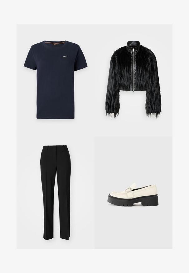 Černá zkrácená bunda kombinující dlouhé rukávy z umělé kožešiny s černým koženým límcem a předním zipem, s texturovaným, chlupatým povrchem.; Námořnická modrá bavlněná tričko s kulatým výstřihem a krátkými rukávy. Na levém prsu je bílé logo "BOSS" vyšitý.; Černé kalhoty na míru se střihem do rovna, které mají hladkou texturu a ostré sklady na přední straně. Bez viditelného kování.; Bílé kožené mokasíny s robustní černou platformou, vybavené obdélníkovou stříbrnou sponou a viditelným švem na svršku.