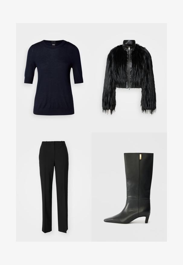 Jacket cropped preta que combina mangas longas de pelo sintético com um colarinho de pele sintética preto e fecho de correr frontal, apresentando um acabamento texturizado e desgrenhado.; Sweater de manga curta em azul-marinho, feito de um tecido de malha leve. Apresenta um decote redondo e bainha canelada para um visual ajustado.; Calças pretas de corte ajustado com um design de perna reta, apresentando uma textura lisa e pregas bem definidas na frente. Sem hardware visível.; Bota de couro preto até ao joelho com bico fino e um pequeno tacão. Apresenta um design elegante com um detalhe em dourado. Textura suave.