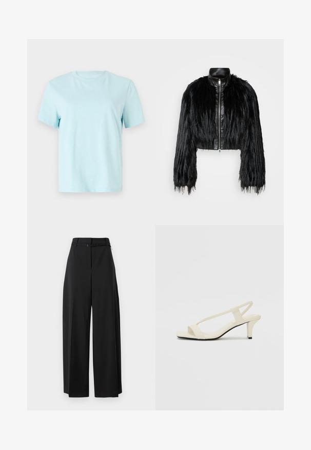 Sort cropped jakke med lange faux fur ærmer, en sort læderkrave og lynlås foran, med en tekstureret, shaggy finish.; Lyseblå bomulds-t-shirt med korte ærmer, rund hals og diskret 'Calvin Klein' broderet logo på forsiden.; Sorte bredde ben bukser med høj talje og bælte. Har en glat tekstur og rene linjer, designet til en afslappet pasform.; Beige blokhælede sandaler med tynde remme og en firkantet tå. Glat materiale med minimal detaljering, designet til nem brug.