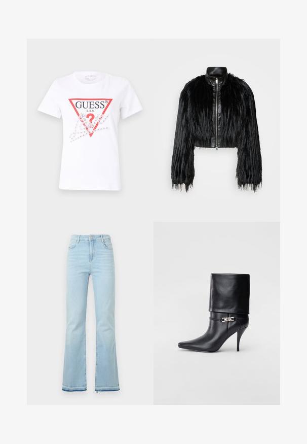 Μαύρο κοντό μπουφάν που συνδυάζει μακριά μανίκια από ψεύτικη γούνα με μαύρη δερμάτινη κολάρο και μπροστινό φερμουάρ, με υφή που θυμίζει τριχωτό.; Λευκό βαμβακερό T-shirt με κόκκινο λογότυπο τριγώνου που γράφει "GUESS U.S.A." και ένα ερωτηματικό, διακοσμημένο με διαυγείς ρινοστάτες και γραφικά στοιχεία.; Απαλά μπλε τζιν από τζιν ύφασμα σε φαρδιά γραμμή, με ψηλή μέση, μπροστινές τσέπες και ανάγλυφο τελείωμα στους καρπούς για μια χαλαρή εμφάνιση.; Μαύρη δερμάτινη μπότες έως τον αστράγαλο με μυτερή μύτη, ψηλό στιλέτο τακούνι, διπλωμένη πατούσα και χρυσή διακοσμητική αγκράφα στον αστράγαλο.