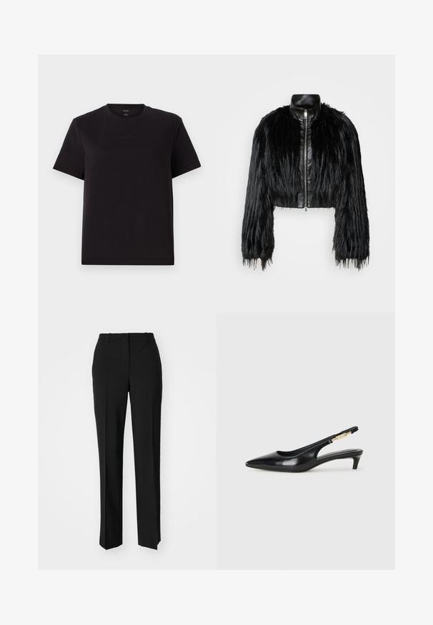 Czarna krótka kurtka z długimi futrzanymi rękawami z sztucznego futra, z czarnym skórzanym kołnierzem i frontowym zamkiem błyskawicznym, charakteryzująca się teksturowanym, kudłatym wykończeniem.; Czarna bawełniana koszulka z krótkim rękawem, okrągłym dekoltem i subtelnym haftem logo Calvin Klein na piersi. Gładka tekstura, luźny krój.; Czarne spodnie o dopasowanym kroju z prostymi nogawkami, o gładkiej fakturze i wyraźnych zagięciach z przodu. Bez widocznych elementów metalowych.; Czarne skórzane szpilki typu slingback z ostrym noskiem, posiadające smukły obcas i złoty akcent na regulowanym pasku. Gładka tekstura.