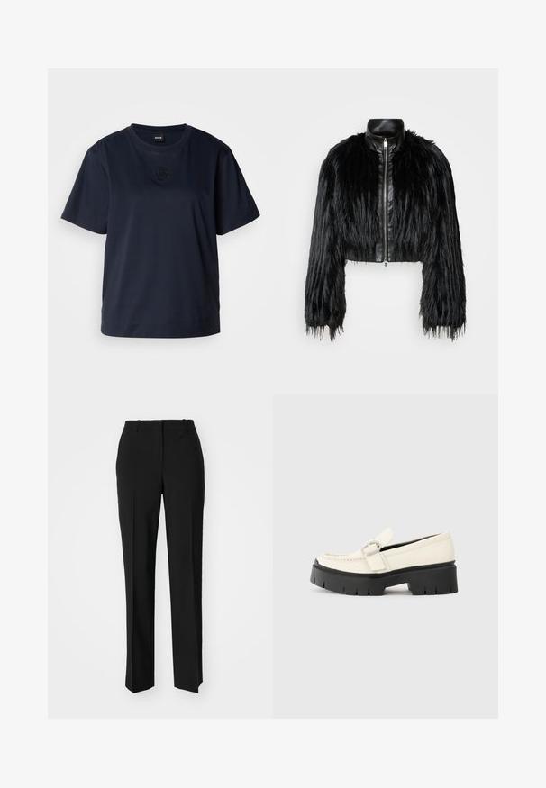 Jacket cropped preta que combina mangas longas de pelo sintético com um colarinho de pele sintética preto e fecho de correr frontal, apresentando um acabamento texturizado e desgrenhado.; T-shirt de manga curta azul marinho feita de algodão macio. Apresenta um decote redondo e um logo bordado discreto no peito.; Calças pretas de corte ajustado com um design de perna reta, apresentando uma textura lisa e pregas bem definidas na frente. Sem hardware visível.; Mocassim de couro branco com sola plataforma preta robusta, apresentando uma fivela retangular prateada e detalhes de costura visíveis na parte superior.