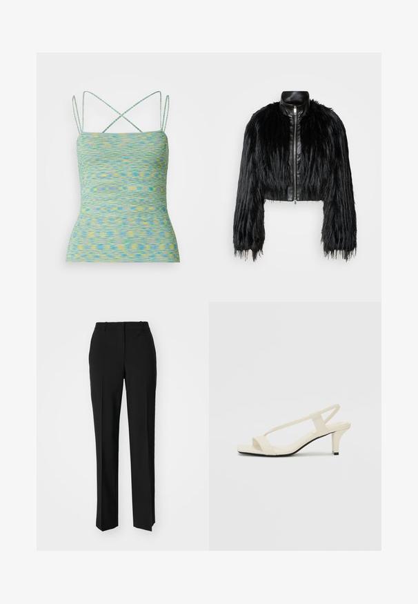 Crna skraćena jakna koja kombinira dugačke rukave od umjetnog krzna s crnim kožnim ovratnikom i prednjim zatvaračem, s teksturiranim, šaggy završetkom.; Lagani, bezrukavni top s višebojnim uzorkom plave i žute boje. Ima križne naramenice i prilagođen dizajn.; Crne krojene hlače ravnog kroja, s glatkom teksturom i oštrim pregibima naprijed. Bez vidljivih metalnih dijelova.; Bež sandale na blok petu s tankim remenčićima i kvadratnim vrhom. Glatki materijal s minimalnim detaljima, dizajnirane za jednostavno nošenje.