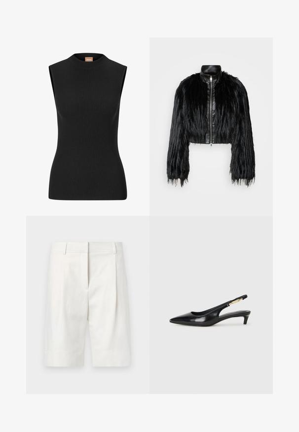 Fekete crop dzseki, amely hosszú műszőrme ujjakkal, fekete bőr gallérral és elöl cipzárral kombinálva, texturált, bolyhos felülettel rendelkezik.; Fekete, ujj nélküli, bordázott felső, magas nyakkal és testhez simuló siluettel, rugalmas anyagból készült. Minimális márkázás található a nyakán.; Világos színű, pamut anyagú szabott rövidnadrág, sima elülső résszel, pliszével és egyenes szabással. Sima textúra klasszikus befejezéssel.; Fekete bőr slingback magassarkúk, hegyes orral, vékony sarkakkal és arany színű részlettel a állítható pánton. Simа felület.