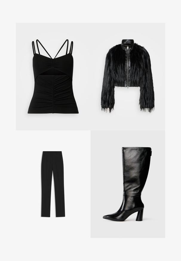 Giacca nera corta che combina maniche lunghe in pelliccia sintetica con un colletto in pelle nera e zip frontale, caratterizzata da una finitura testurizzata e shaggy.; Top nero senza maniche con spalline sottili regolabili, caratterizzato da un design arricciato nella parte anteriore e un dettaglio con taglio nella zona centrale.; Pantaloni neri su misura con un design a gamba dritta, dotati di tasche frontali e un tessuto liscio e strutturato. Dettagli ordinati e minimalisti.; Stivale in pelle nera, alto fino al ginocchio, con punta affusolata, superficie liscia e tacco spesso. Presenta un dettaglio con zip sul retro.