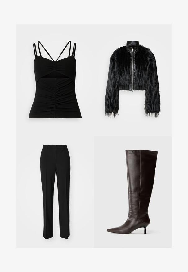 Fekete crop dzseki, amely hosszú műszőrme ujjakkal, fekete bőr gallérral és elöl cipzárral kombinálva, texturált, bolyhos felülettel rendelkezik.; Fekete ujj nélküli felső, állítható vékony pántokkal, elöl ráncos dizájnnal és egy kivágott résszel a középső részen.; Fekete, testhezálló nadrág egyenes szárú kivitelben, sima textúrával és éles redőkkel az elején. Nincs látható fémalkatrész.; Barna bőrből készült, térd fölé érő csizma hegyes orral és karcsú talppal. Simá szövetű és kifinomult dizájn, minimális sziluett jellemzi.