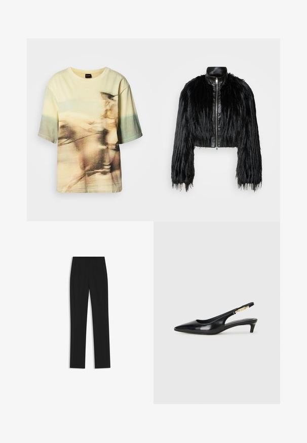 Black cropped jacket combining long faux fur sleeves with a black leather collar and front zipper, featuring a textured, shaggy finish.; Short-sleeve t-shirt in soft cotton features a blurred equestrian graphic in pastel yellow and green tones with a round neckline.; Black tailored trousers with a straight-leg design, featuring front pockets and a smooth, textured fabric. Neat, minimal detailing.; Black leather slingback heels with a pointed toe, featuring a slim heel and a gold-tone accent on the adjustable strap. Smooth texture.