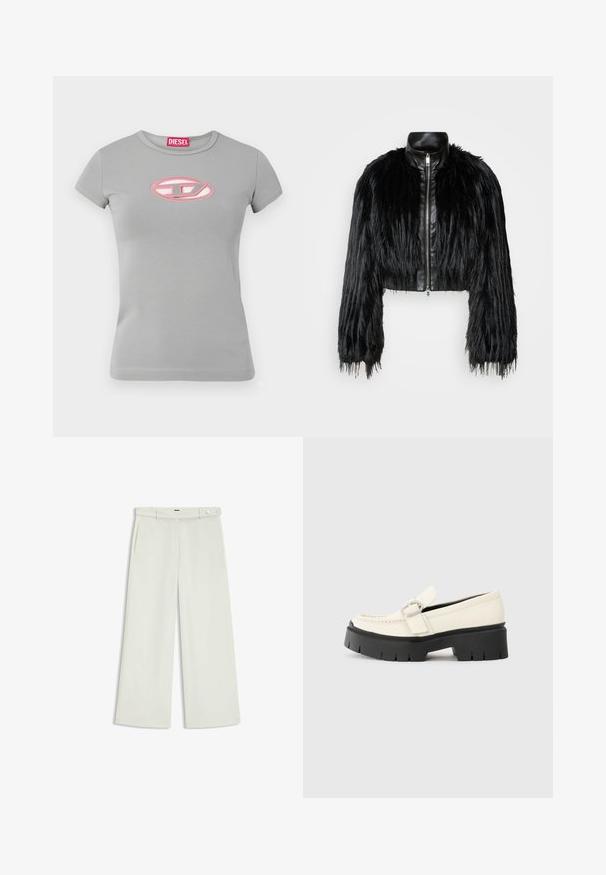 Black cropped jacket combining long faux fur sleeves with a black leather collar and front zipper, featuring a textured, shaggy finish.; Grey short-sleeve t-shirt made of cotton, featuring a pink embroidered oval logo on the chest and a crew neckline.; Wide-leg pants in light cream fabric, featuring side pockets, a flat front, and a single button closure at the waist. Smooth texture.; White leather loafer with a chunky black platform sole, featuring a rectangular silver buckle and visible stitching detail on the upper.