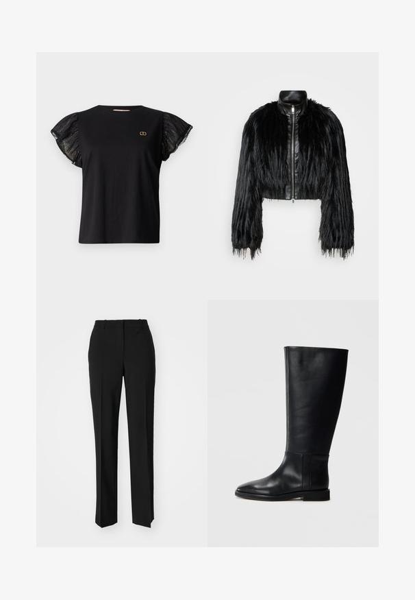 Chaqueta negra corta que combina mangas largas de piel sintética con un collar de cuero negro y cremallera frontal, con un acabado texturizado y despeinado.; Camiseta negra con mangas cortas de volantes transparentes y un sutil patrón metálico, que presenta un pequeño logo dorado en el pecho.; Pantalones negros ajustados con un diseño de pierna recta, que presentan una textura suave y pliegues nítidos en el frente. Sin herrajes visibles.; Bota alta de cuero negro hasta la rodilla con punta redonda, textura suave, diseño minimalista y suela plana. Detalles de costura simples en el caña.