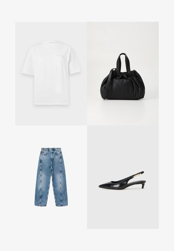 Giacca nera corta che combina maniche lunghe in pelliccia sintetica con un colletto in pelle nera e zip frontale, caratterizzata da una finitura testurizzata e shaggy.; T-shirt bianco in cotone con maniche corte, collo rotondo e un minimo dettaglio del logo grigio sulla parte anteriore. Tessuto morbido, vestibilità regolare.; I jeans in denim azzurro chiaro presentano una vestibilità rilassata, ampie tasche e cuciture a contrasto. Il tessuto ha una finitura scolorita con una texture liscia.; Tacchi slingback in pelle nera con punta affusolata, caratterizzati da un tacco alto e un accento dorato sulla cinghia regolabile. Texture liscia.; Borsa a tracolla in pelle nera con design a cima arricciata, dotata di due manici corti e di una lunga tracolla regolabile. Texture liscia, forma arrotondata.